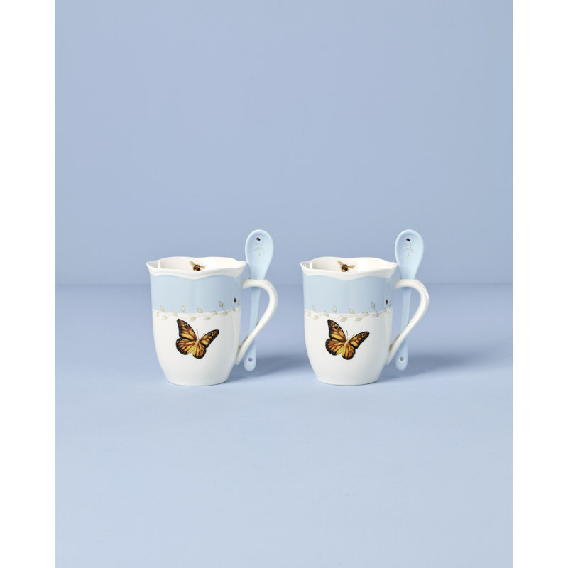 Lenox Butterfly Meadow Blue Mugs with Spoons, Set of 2