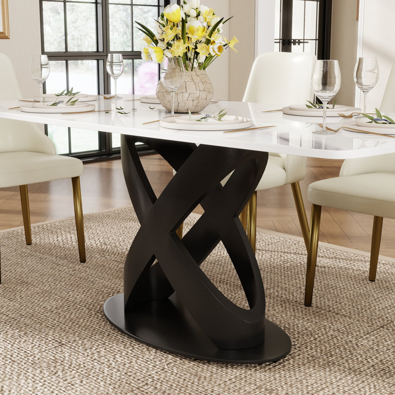 Sintered Stone Top Pedestal Dining Table, 29.53"H x 63"L x 35.43"W, White, Black