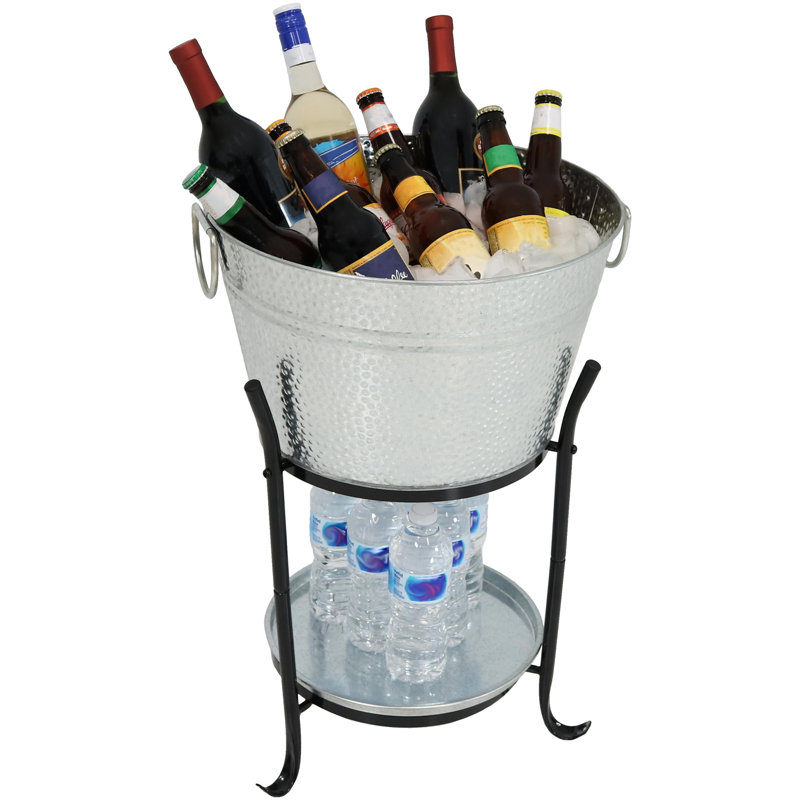 Silver Galvanized Steel Ice Bucket with Stand and Tray