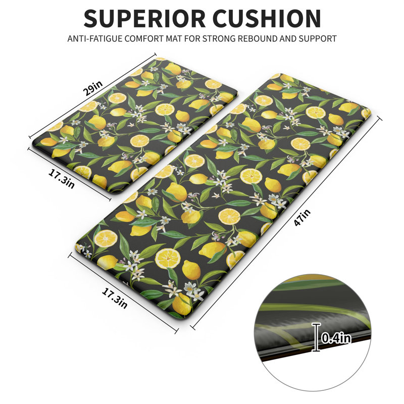 Lot de 2 tapis de cuisine au citron - Tapis antifatigue pour plancher de cuisine - Tapis antidérapants et moelleux - Décor au citron (44 x 74 cm + 44 x 119 cm - 1 cm) Noir