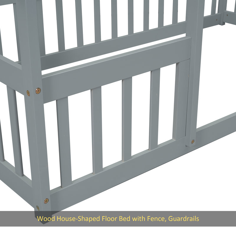 Twin Wood House-Shaped Floor Bed With Fence, Guardrails ,Grey, Gray, Twin