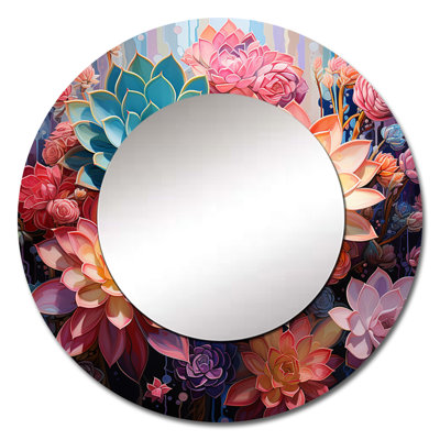 Pink Succulent Pink Serenade I - Succulent Decorative Mirror, Traditional Round Wall Mirror, Printed Metal Art