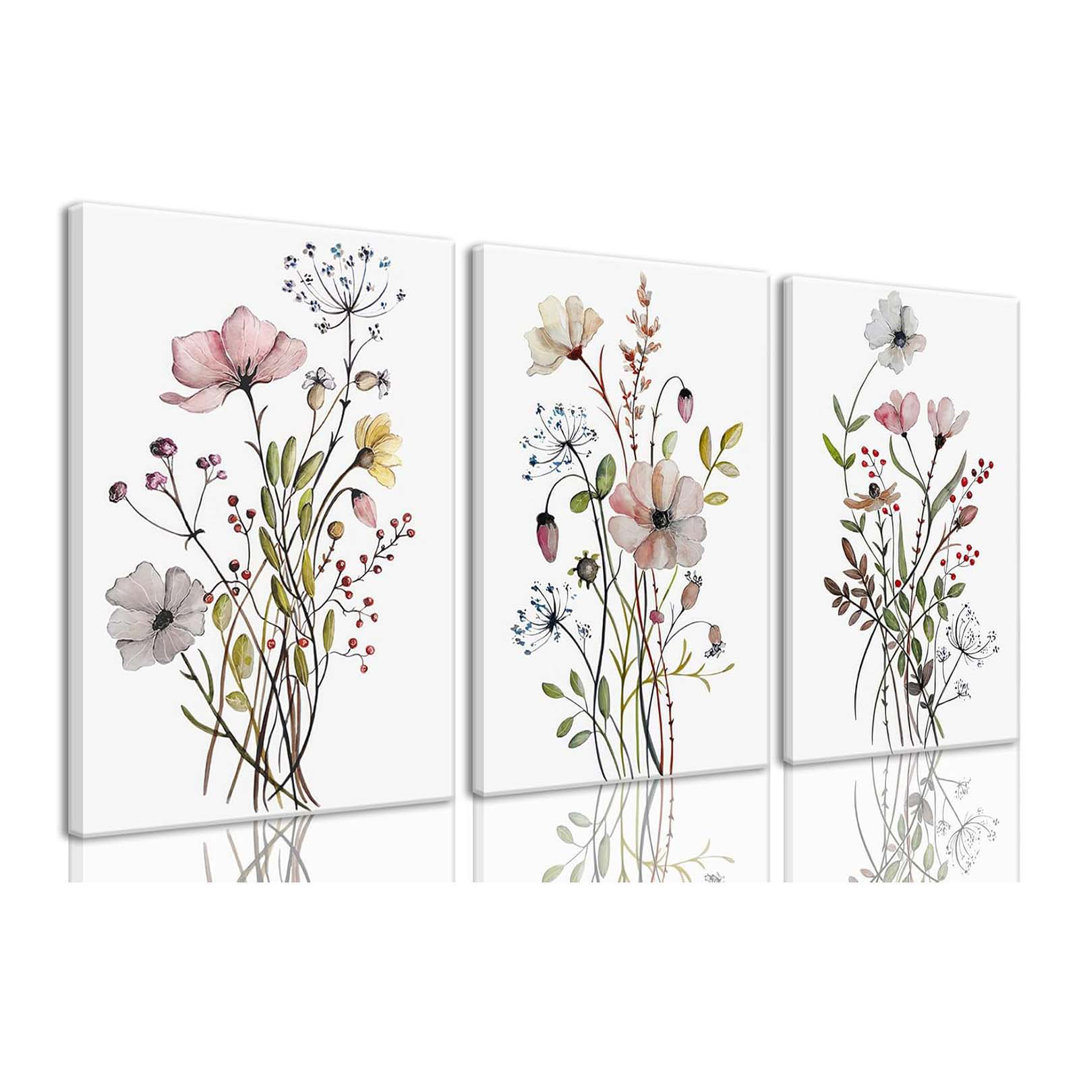 Framed Wildflower Canvas Wall Art Pink Watercolor Botanical Floral Poster Prints Set Of 3 Modern Minimalist Flower Pictures Home Decor Painting Bedroo