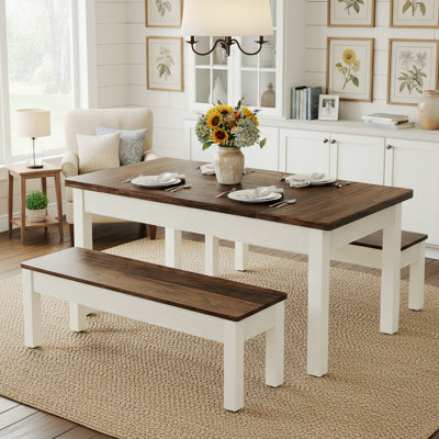 55" Farmhouse Kitchen Table With 2 Benches, 3-piece Wooden Dining Table Set by Gracie Oaks