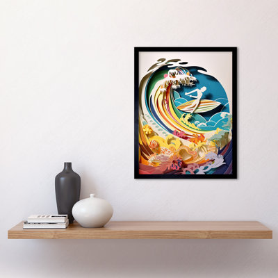 Rainbow Kirigami Surfer Surfing Coastal Landscape - Single Picture Frame Print