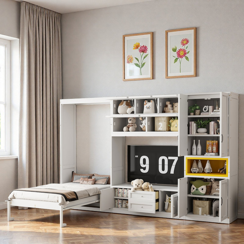 Lit escamotable avec meuble télé, 2 tiroirs et espace de rangement, Blanc