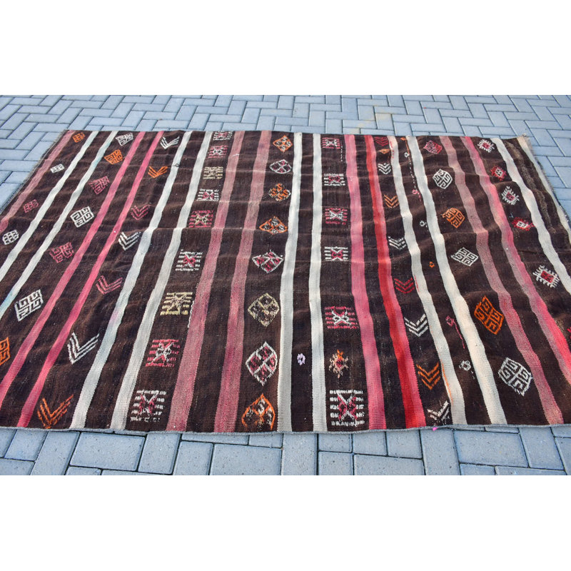 Kilim turc rétro fait à la main avec motif géométrique rayé pour un décor bohémien unique en brun