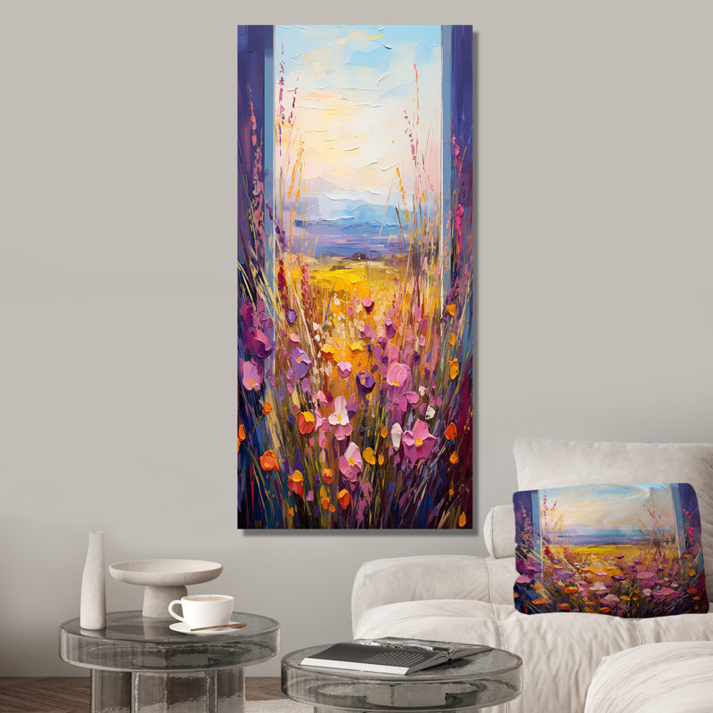 Rose et jaune, fenêtres florales, vue brise III - prairie, art mural, Toile tendue, 60" H x 28" W