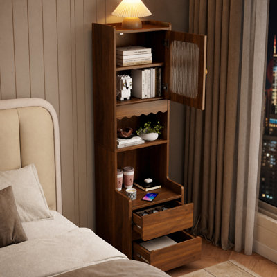 Tall Nightstand With Glass Door and Open Shelves
