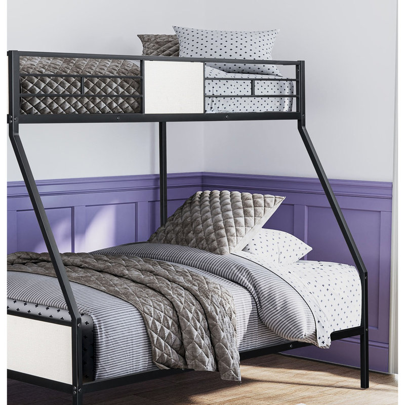 Lit superposé simple au-dessus de double de style contemporain avec côté attaché et conception à deux tons, structure en métal noir, prêt pour un matelas, assemblage simple requis, métal, look, article de chambre à coucher