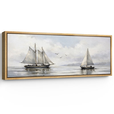 «Serene Coastal Sail Sailers Calm Sea Birds Soft Sky Nautical Wall Decor Extra Large», reproduction d'art sur toile encadrée