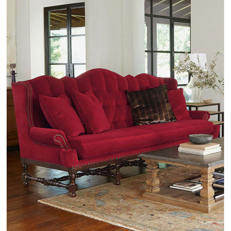 Retro Solid Wood Sofa Upholstered 86.6'' Sofa, Red, Brown