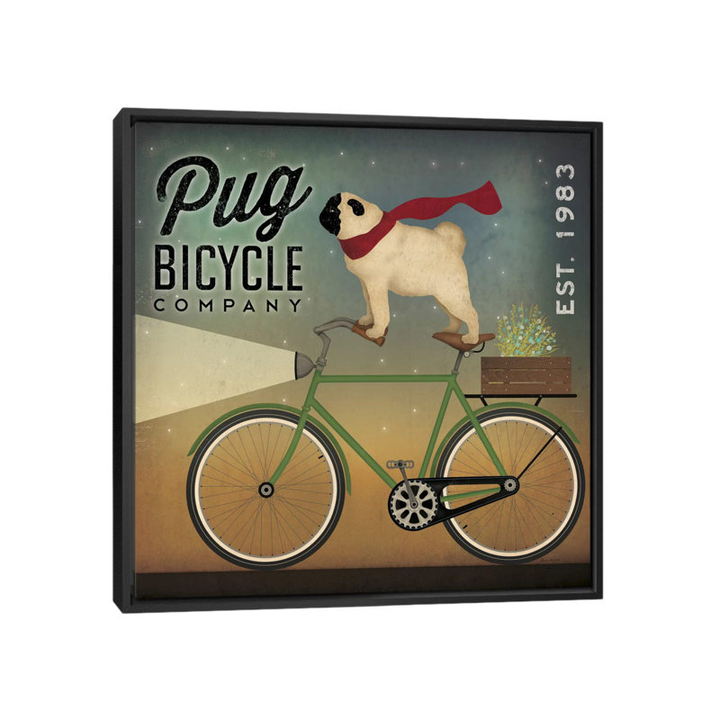 Pug Vélo Co., impression sur toile tendue, H 18 po x l 18 po x P 1,5 po, Toile encadrée noire, Pas de tapis