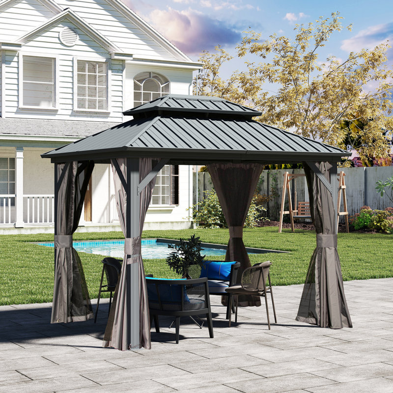 10 pi. L 8 pi. D Pavillon de jardin en aluminium avec toit double en pente, Gris