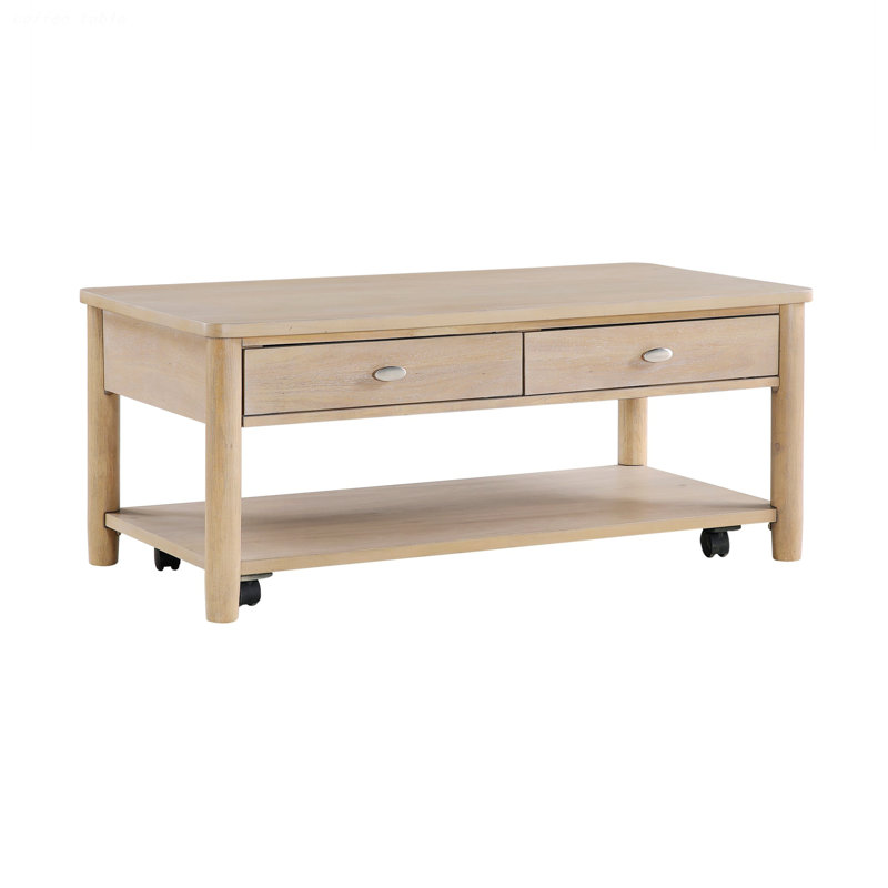 Wooden Coffee Table, Cocktail Table With Two Drawers And One Open Shelf