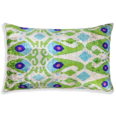 Luxury Silk Velvet Pillow 16X24 – Handmade Green & Turquoise Ikat Lumbar Cushion
