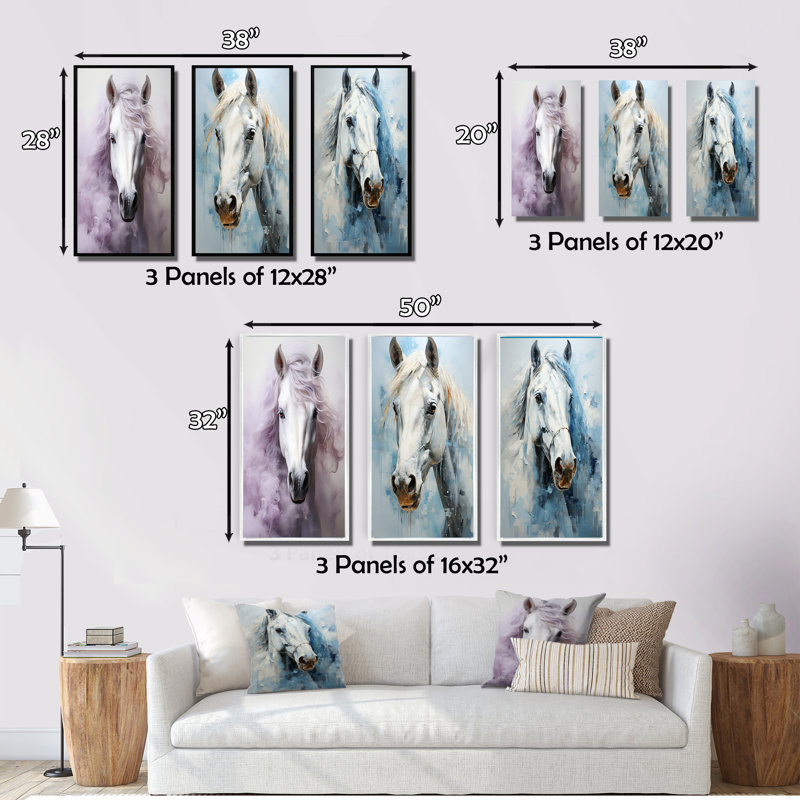 «Pink White Horse Contours», 3 pièces sur toile, Cadre noir, H 28 po x l 36 po