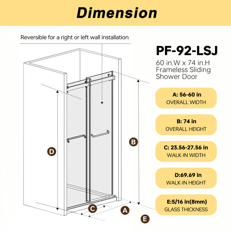 56-60 in W x 74 in H Dual Sliding Frameless Shower Door with (8 mm) Clear Glass, Matte Black