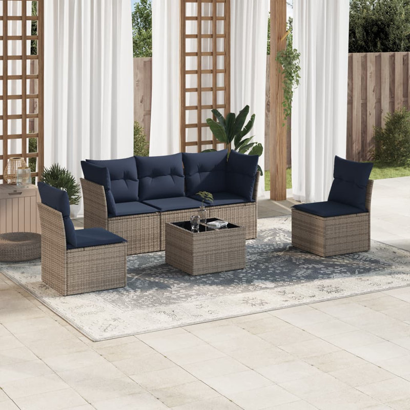 Ensemble de canapé de patio 6 pièces avec coussins en rotin de polyester, Gris, Marine