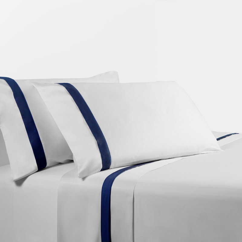 Ensemble de draps 350 fils 350 fils, Ensemble de draps pour grand lit + un drap-housse , Blanc / bleu marine