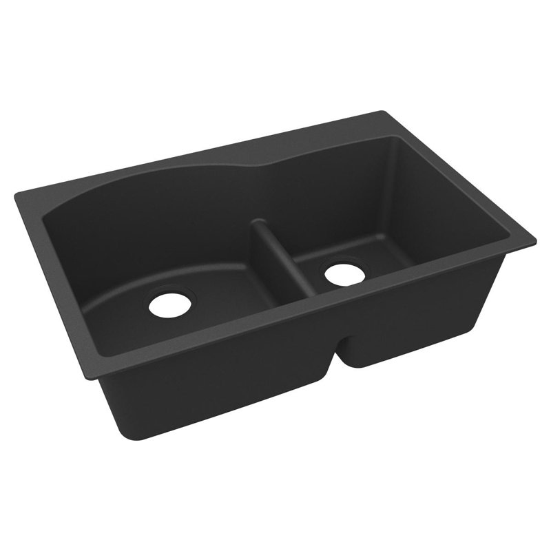 Elkay Quartz Classic 33" x 22" x 10" Double Bowl Drop-in Sink with Aqua Divide, Matte Black, Matte Black