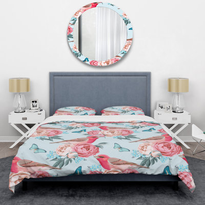 Pink Flowers and Birds - Floral Duvet Cover Set - Microfiber Polyester