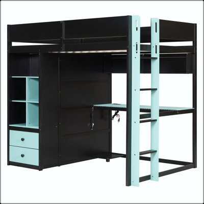 Lit mezzanine double en bois avec bureau et rangement