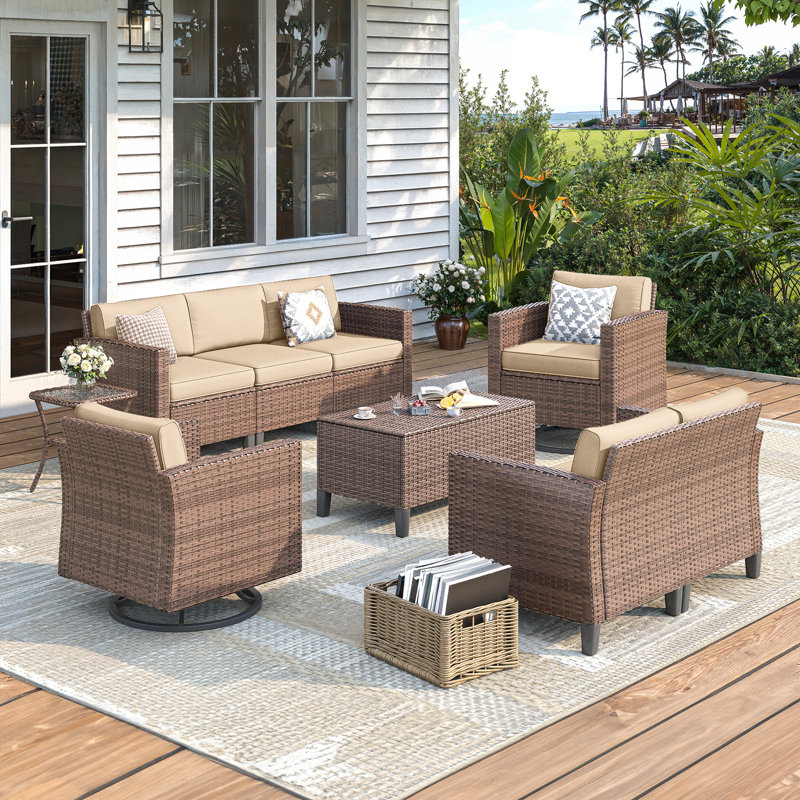 6-Piece Outdoor Patio Set With 360° Swivel Rockers - All-Weather Wicker Conversation 7 Seating, Beige