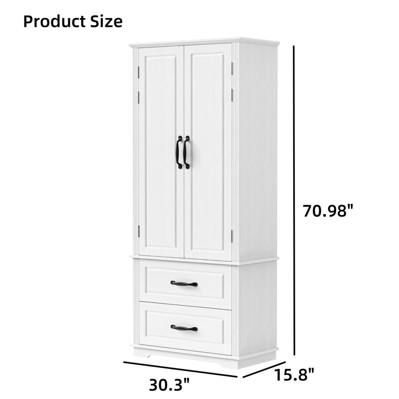 Armoire de cuisine 71 pouces avec 2 grands tiroirs, armoire autoportante texturée en relief, Blanc