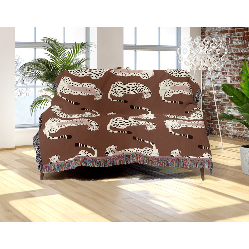 Jeté en mélange de coton Ren Leopard, Brun rouille / blanc cassé, L 60 po x l 60 po
