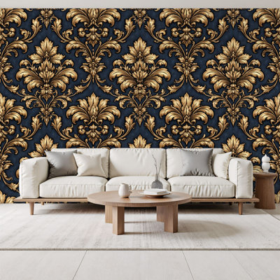 Peel and Stick Wallpaper Elegant Vintage Damask Floral Gold Dark Blue Baroque Style Wall Murals 69"H x 96"W Removable PVC Wall Paper Self-Adhesive Wall Decor for Bedroom Living Room Home Office
