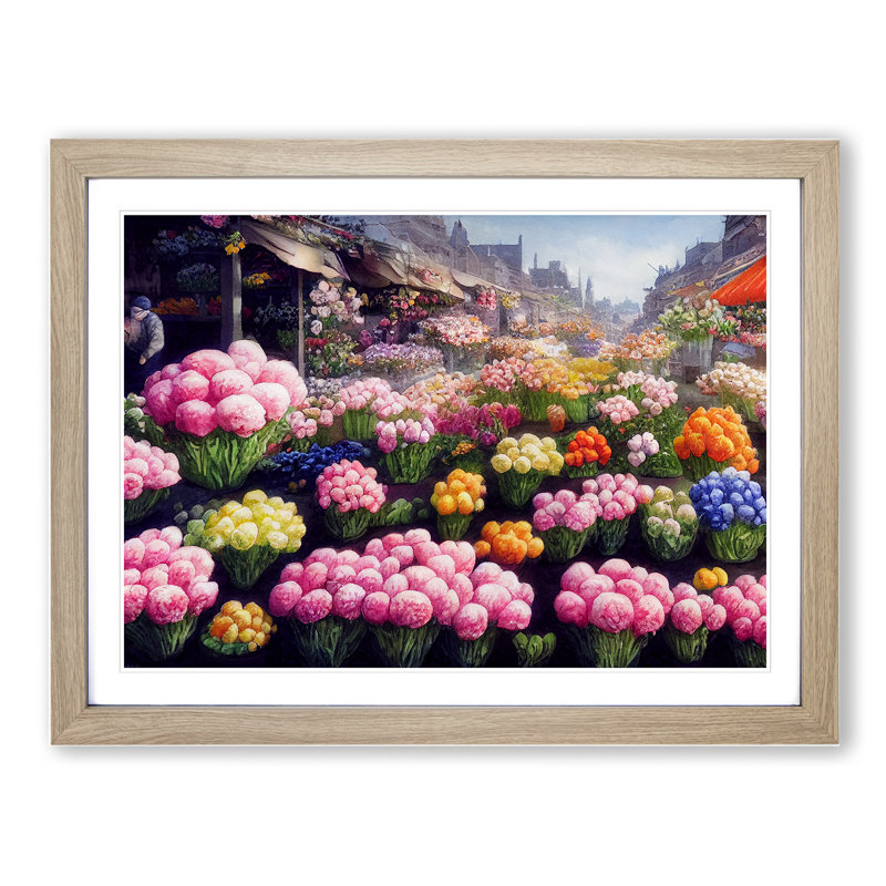 Enviable Flower Market - Single Picture Frame Painting, 25cm H x 34cm W x 2cm D, Oak