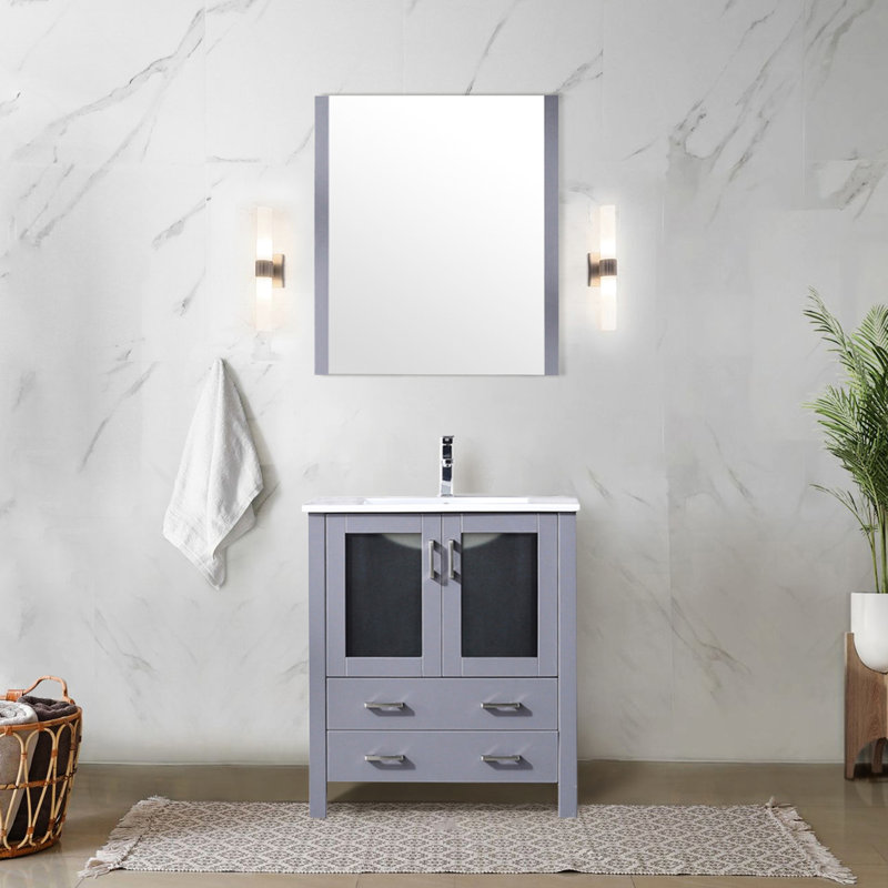Gris foncé foncé 30 po Meuble-lavabo avec comptoir en céramique blanc, robinet à un trou et miroir mural de 28 po avec une surface de 18,25 po