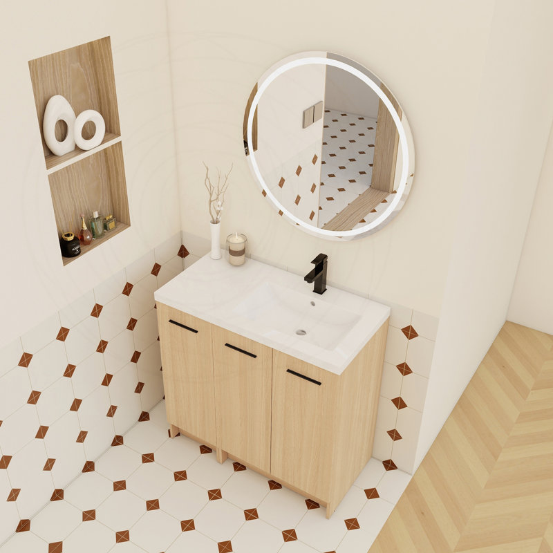 36" Modular Freestanding Bathroom Vanity with Resin Sink Top, Light Oak, Right