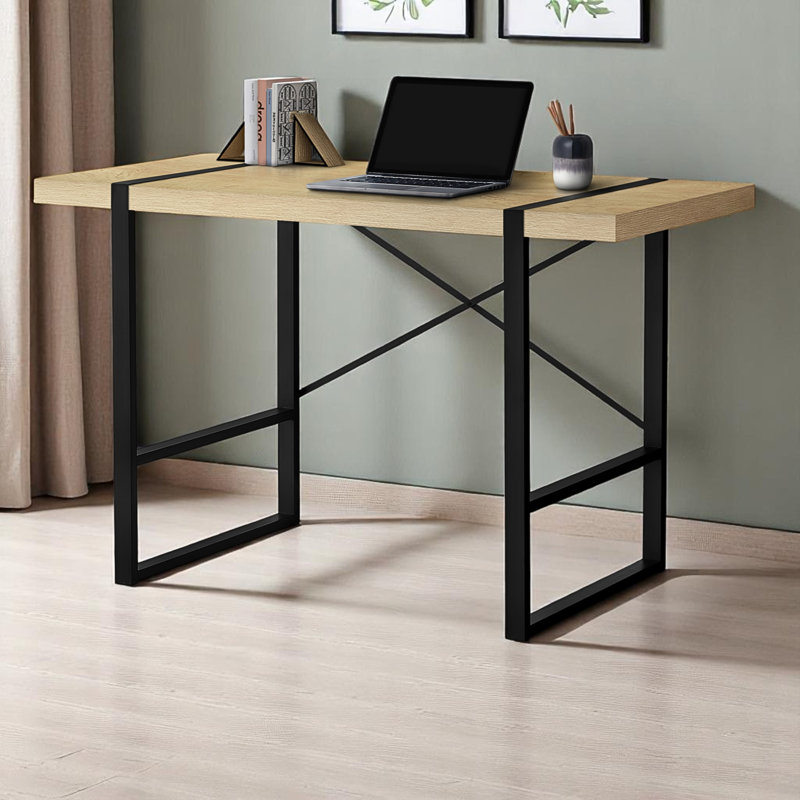 Fella Natural Finish Computer Desk with X-Support Black Metal Leg, 29.81" H X 48.74" W X 23.47" D