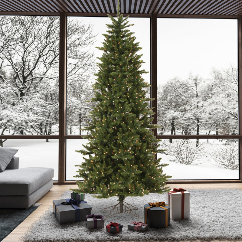 Camdon Fir Slim Artificial Christmas Tree, 12' H, Clear Lights, Pre-Lit