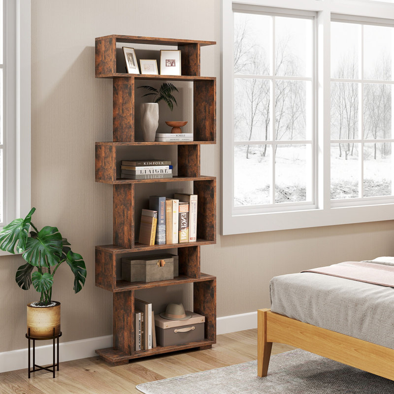 6-tier Storage Bookshelf S-shaped Geometric Bookcase With Anti-toppling Kits, Brown