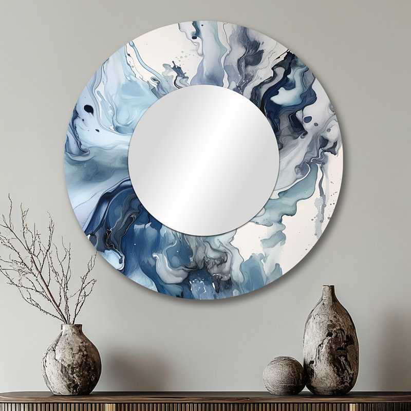 Blue and Grey Ethereal Elixir II - Abstract Decorative Mirror, Modern Round Wall Mirror, Printed Metal Art, 29" x 29"