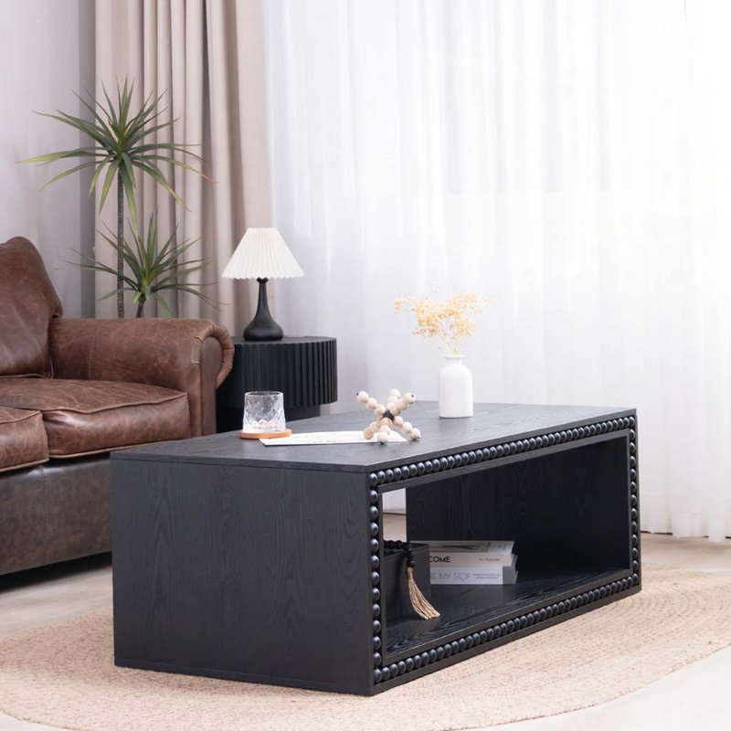 Table basse 47,6 "rectangulaire à bord perlé avec abri de rangement ouvert, Noir