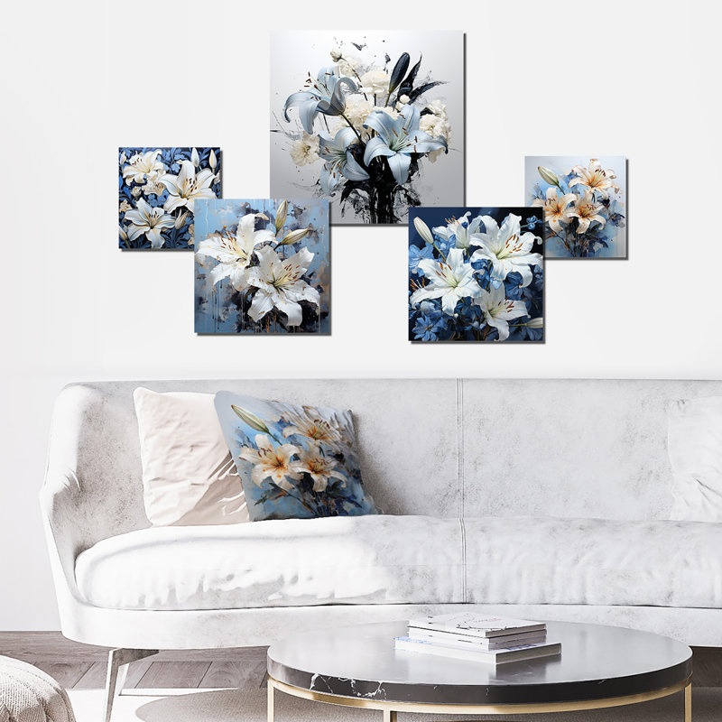 Ensemble de 5 impressions murales lis blanc et bleu