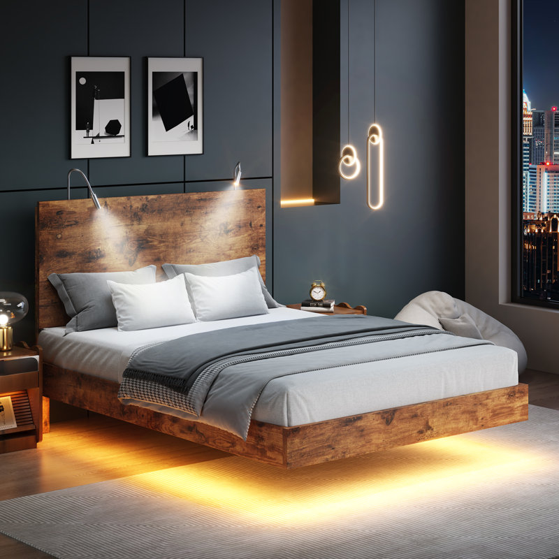 Wooden floating bed frame with LED lights,Platform Bed Frame with Reading Light Headboard, Full