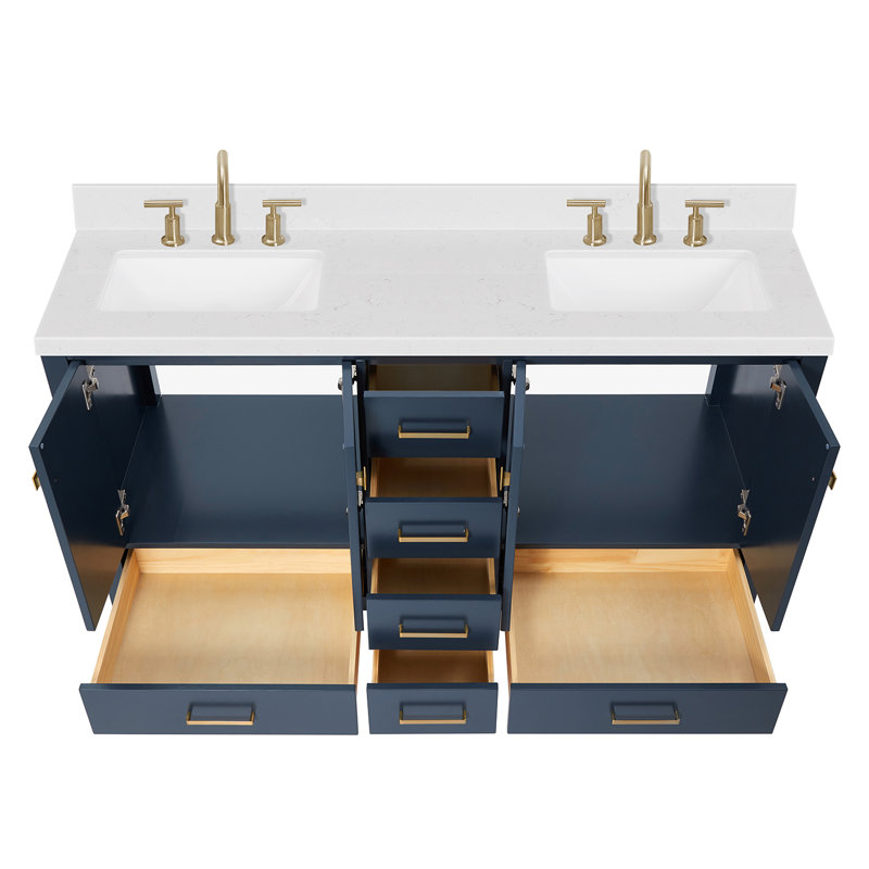 Cambridge 60.25'' Double Bathroom Vanity with Carrara Quartz Top, Midnight Blue / Satin Brass