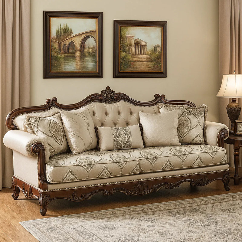 Canapé Vera 90 po, capitonné, accoudoirs roulés, bois massif, Beige