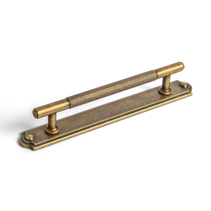 Striped Non-Slip Bar Pull Handle With Backplate(Cban), 5", Antique Brass