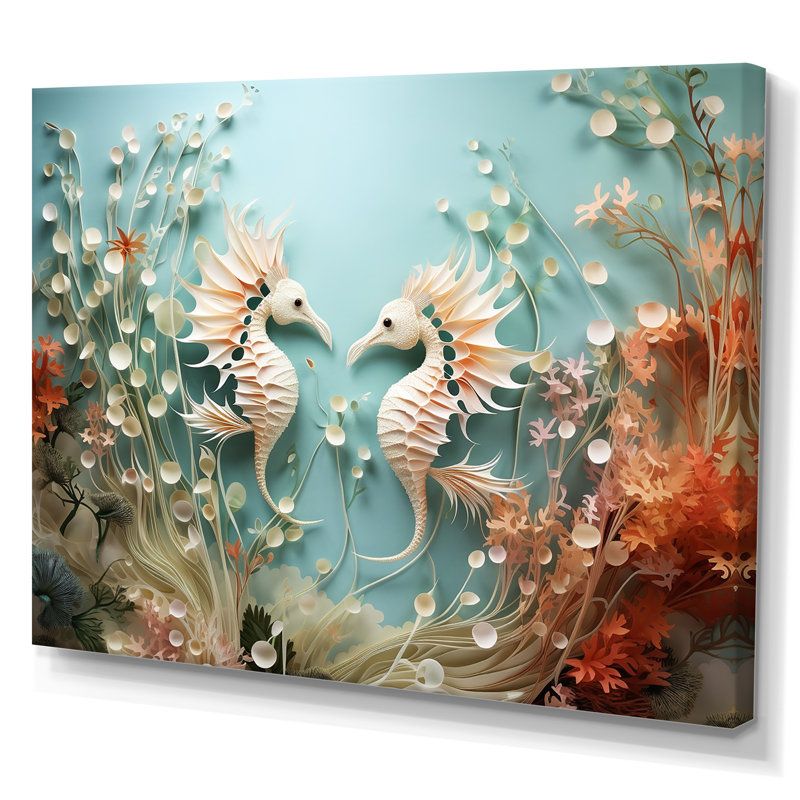 Aquarelle, dessin de danse des dragons de mer - plage et océan, art mural dans le salon, Toile tendue