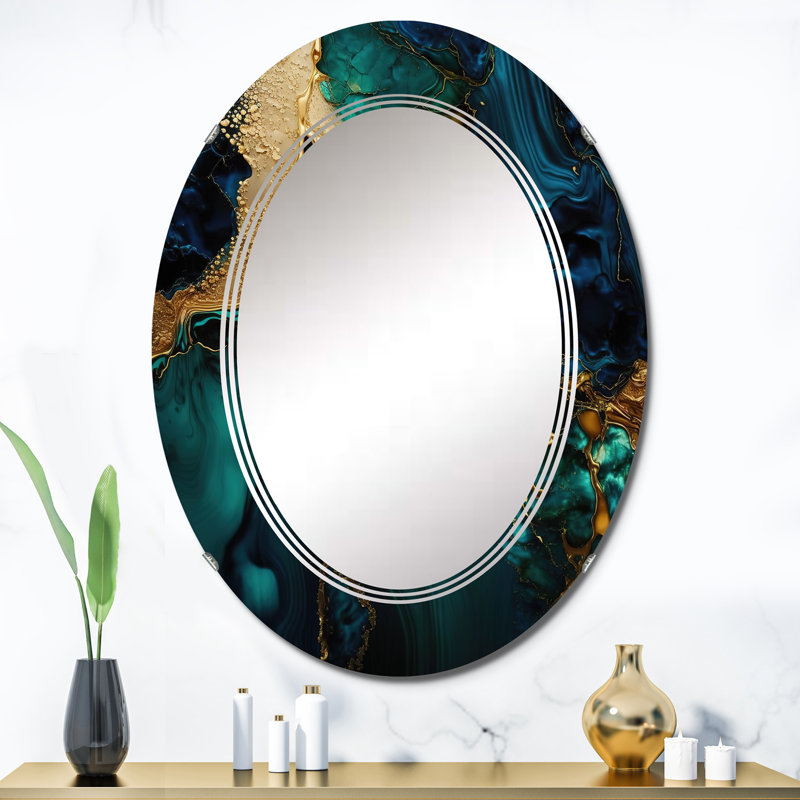 Rachil - Géode abstraite marbre vert et doré - Miroir mural abstrait en marbre, 36 po x 24 po