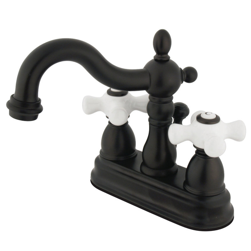 Kingston Brass Heritage Two-Handle 3-Hole Deck Mount 4" Centerset Bathroom Faucet with Plastic Pop-Up, Oil Rubbed Bronze