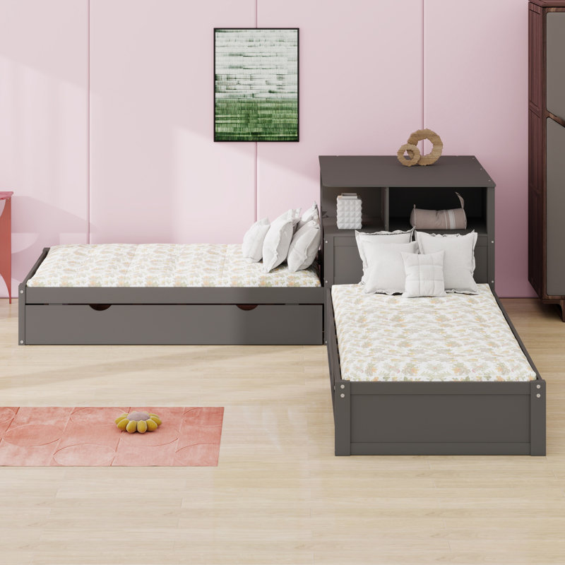 Lit plateforme multifonctionnel en L avec bureau et lit gigogne, Gris