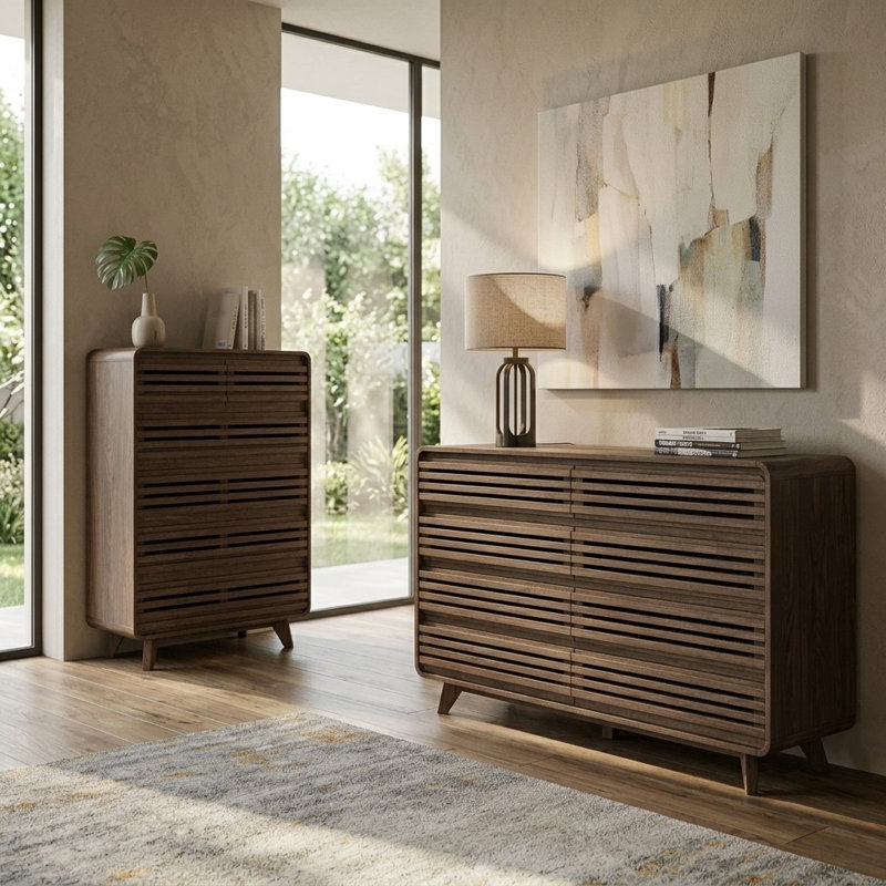 Ensemble de chambre à coucher 2 pièces, commode large 8 tiroirs et commode 6 tiroirs, Noyer, Ensemble de 2 pièces