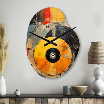 Colorful Retro Vinyl I - Vinyl Records Asymmetrical Metal Wall Clock, Modern Unique Shape Clock Print